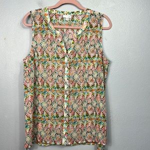 J.Jill Sleeveless Semi Sheer Colorful Print Button Front Blouse Medium
